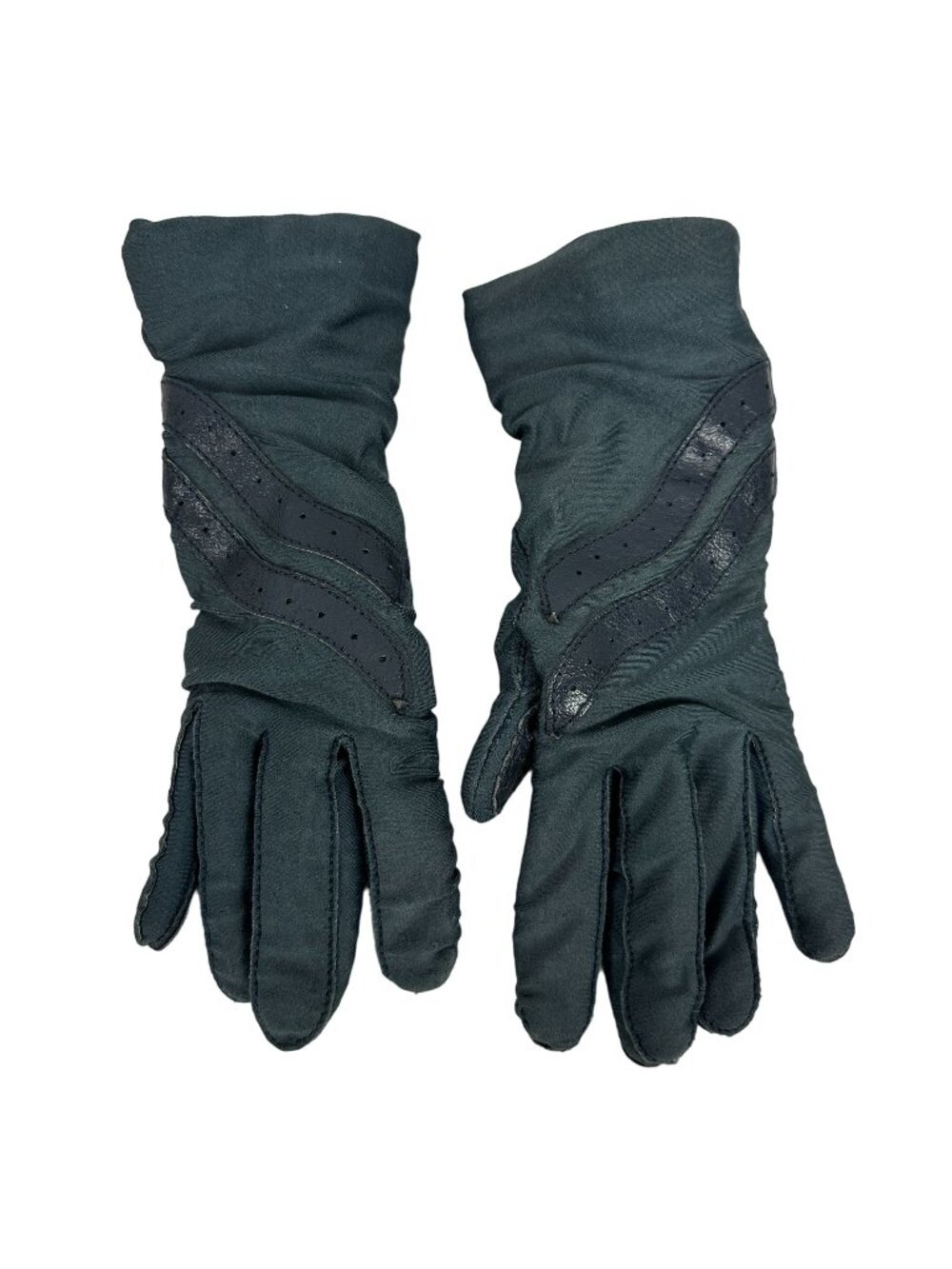Vintage Black Nylon & Leather Gloves Womens One Size Winter Warm Detail Design